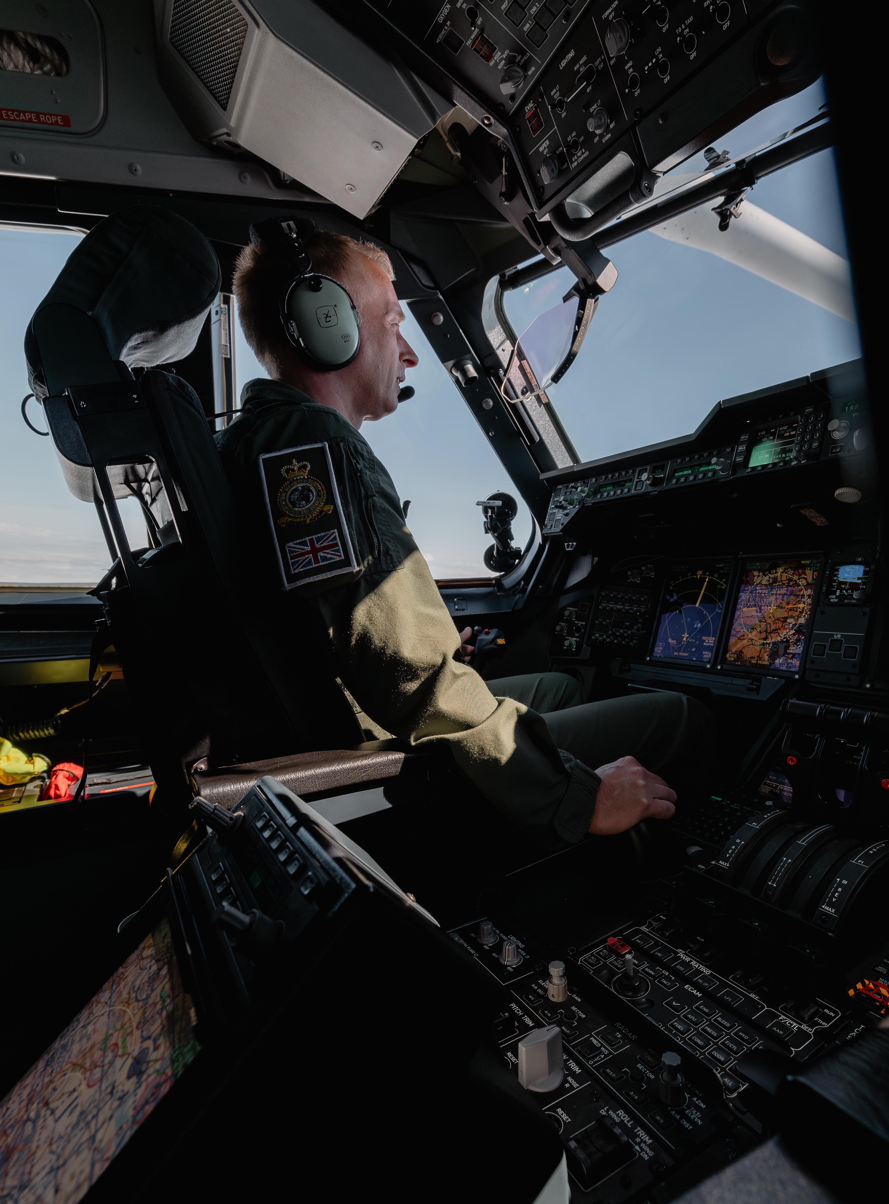 Photo: Group Captain Gareth Burdett at the controls of the Atlas (A400M)
